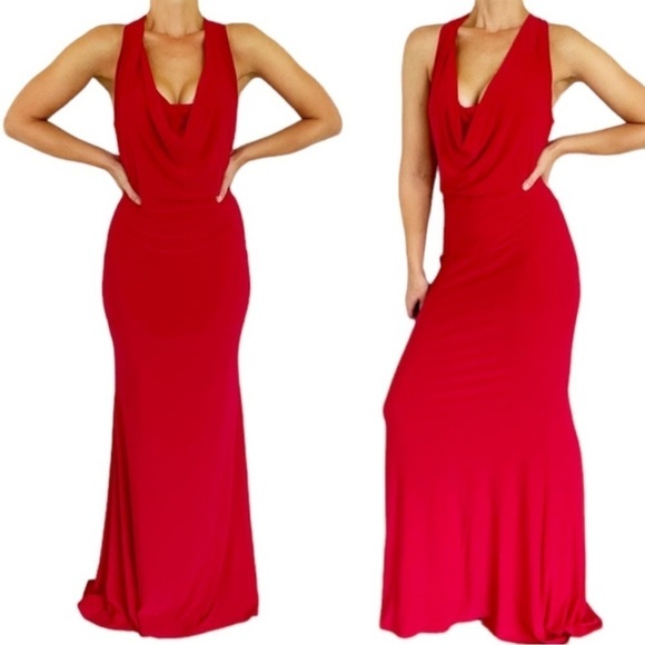 ABS Allen Schwartz Black Cowl Neck Halter Full Length Formal Gown Maxi Dress S - Picture 2 of 10